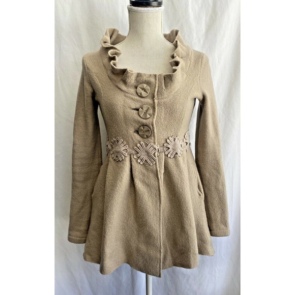 Charlie & Robin Anthropologie Tan Brown Boiled Wool Ruffle embroidered Jacket S - Picture 1 of 4
